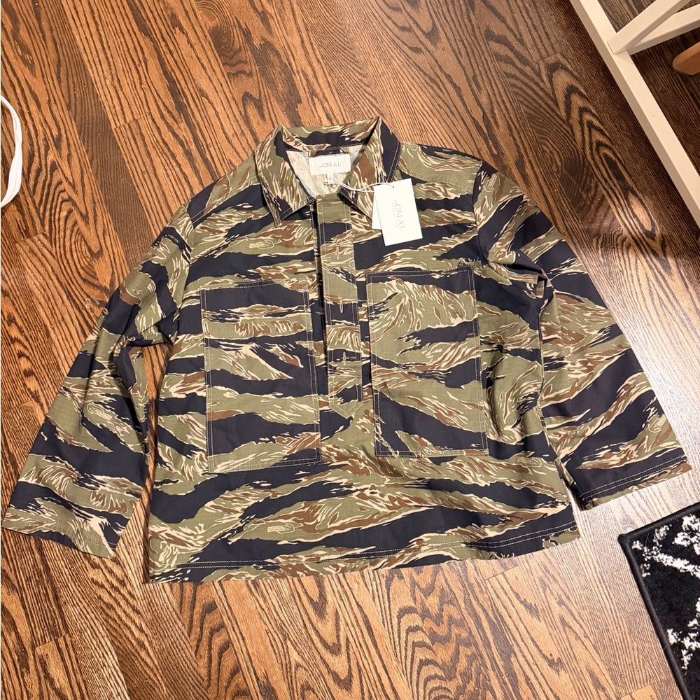 THE GREAT. Women's Tiger Stripe Utility Jacket in Olive, Black, Brown